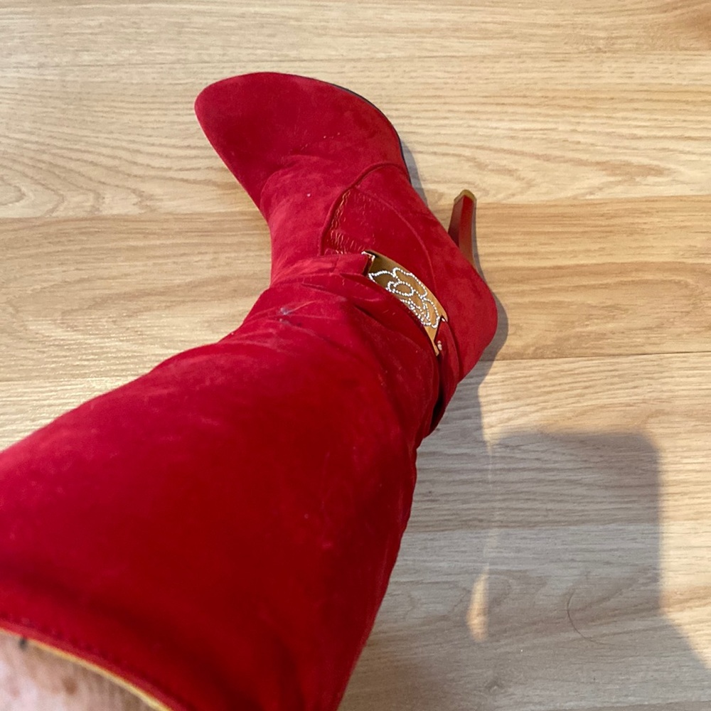 Size  5 red suede knee high boots.